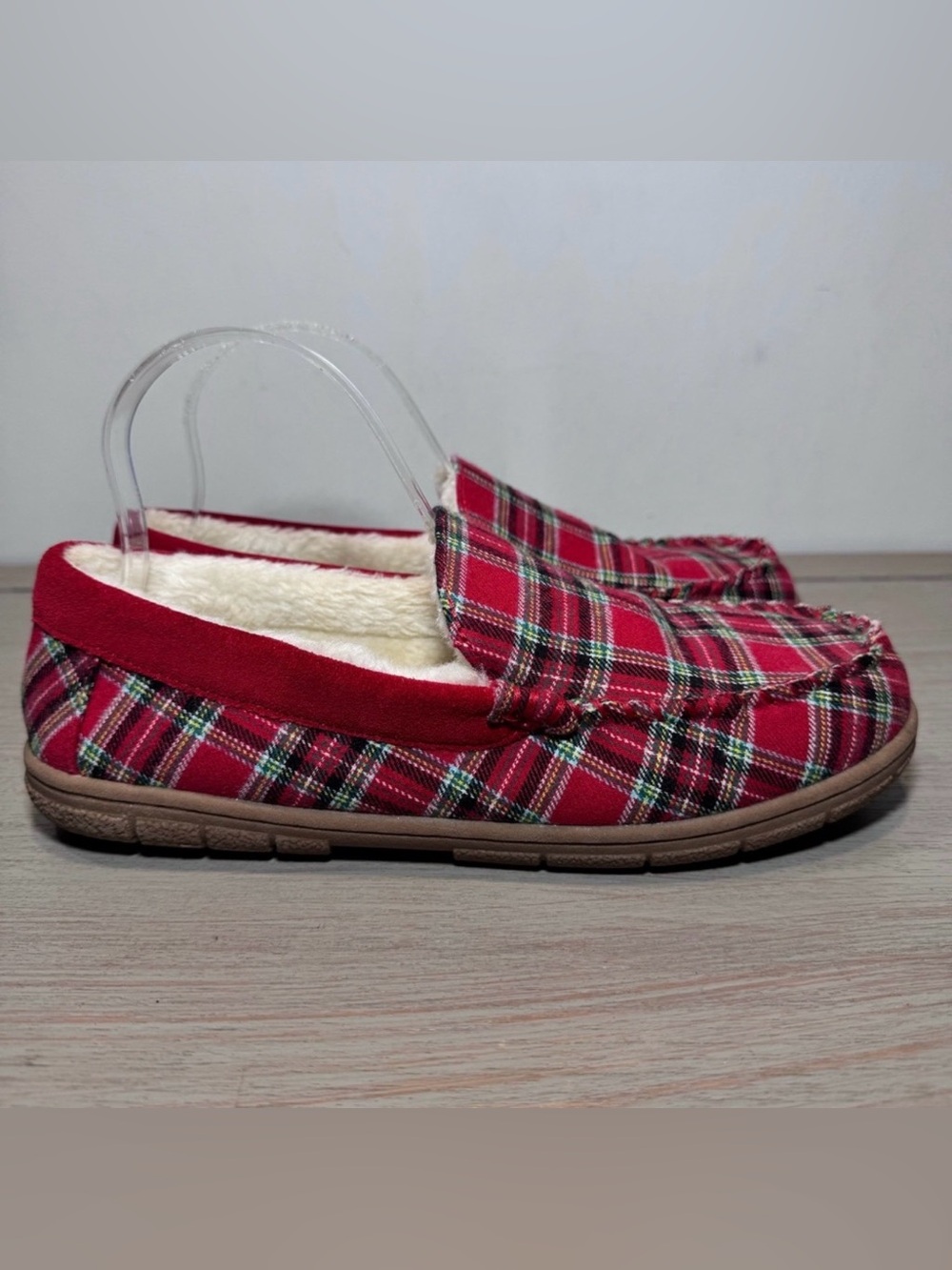 Lands‎ End Men’s Red Plaid Flannel Faux Shearling Lined Moccasin Slippers Size 8